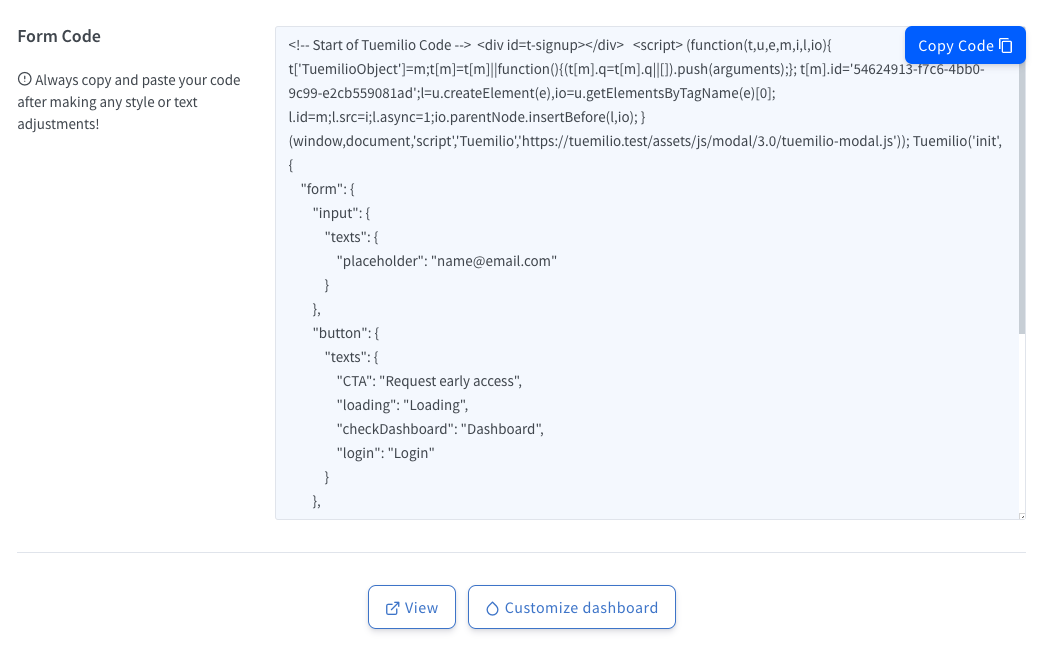 The form code for your waiting list